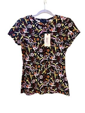 Ted Baker Black Floral Print Short Sleeve Tee with Multicolor Motifs. Size US2